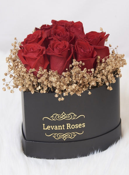 Red roses & gold Baby's-breath / heart box